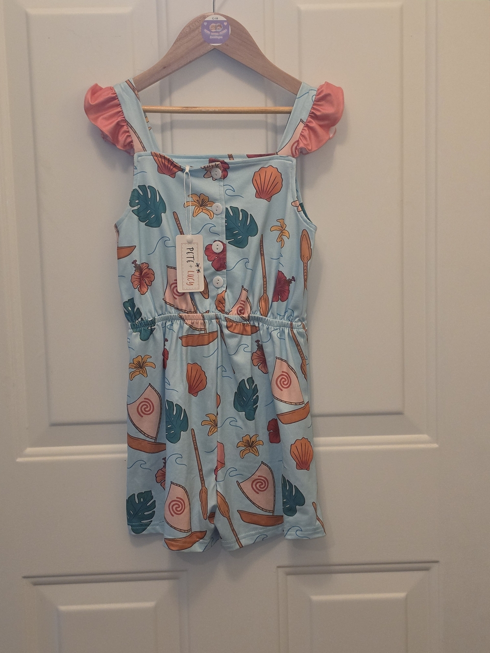 "ISLAND PRINCESS" Tropical Print Girls Romper with Coral Ruffle Straps 6/6X